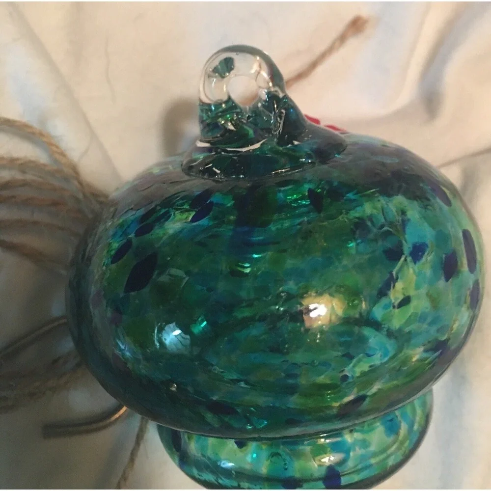 Blue and Green Speckled Hand‎ Blown Art Glass Hummingbird Nectar Feeder & Hanger